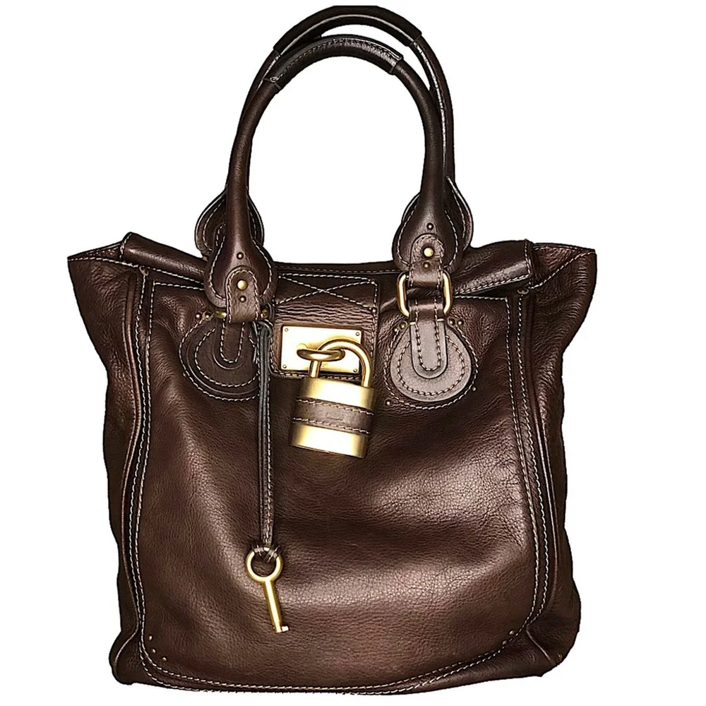 M CHLOE Paddington Dark Brown Leather Laptop Tote Bag with Lock and Key Unisex